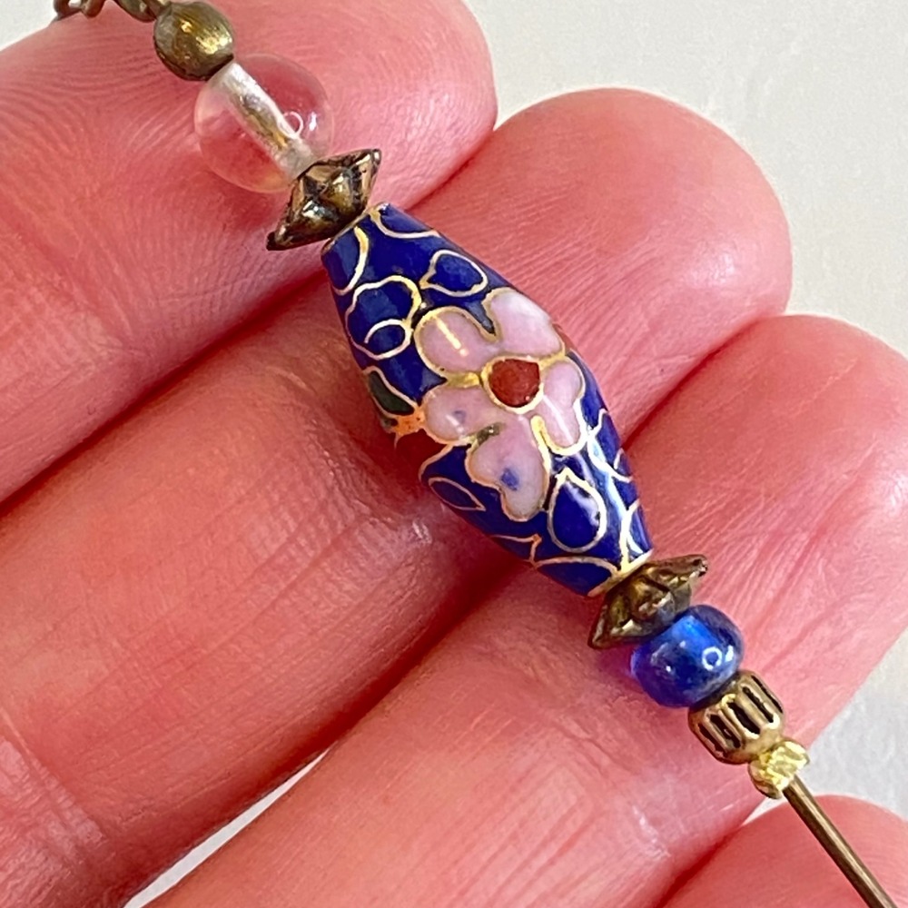 Vintage Blue Cloisonne Stick Hat Pin Enamel Floral Gold Tone Leaf Charms Beads